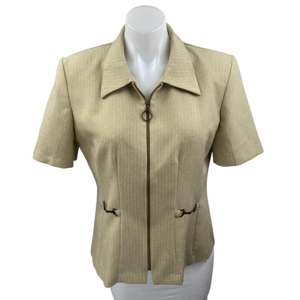 Pride & Joy Women's Beige Tan Pinstriped Zip Up Short Sleeve Blazer Blouse Top 8